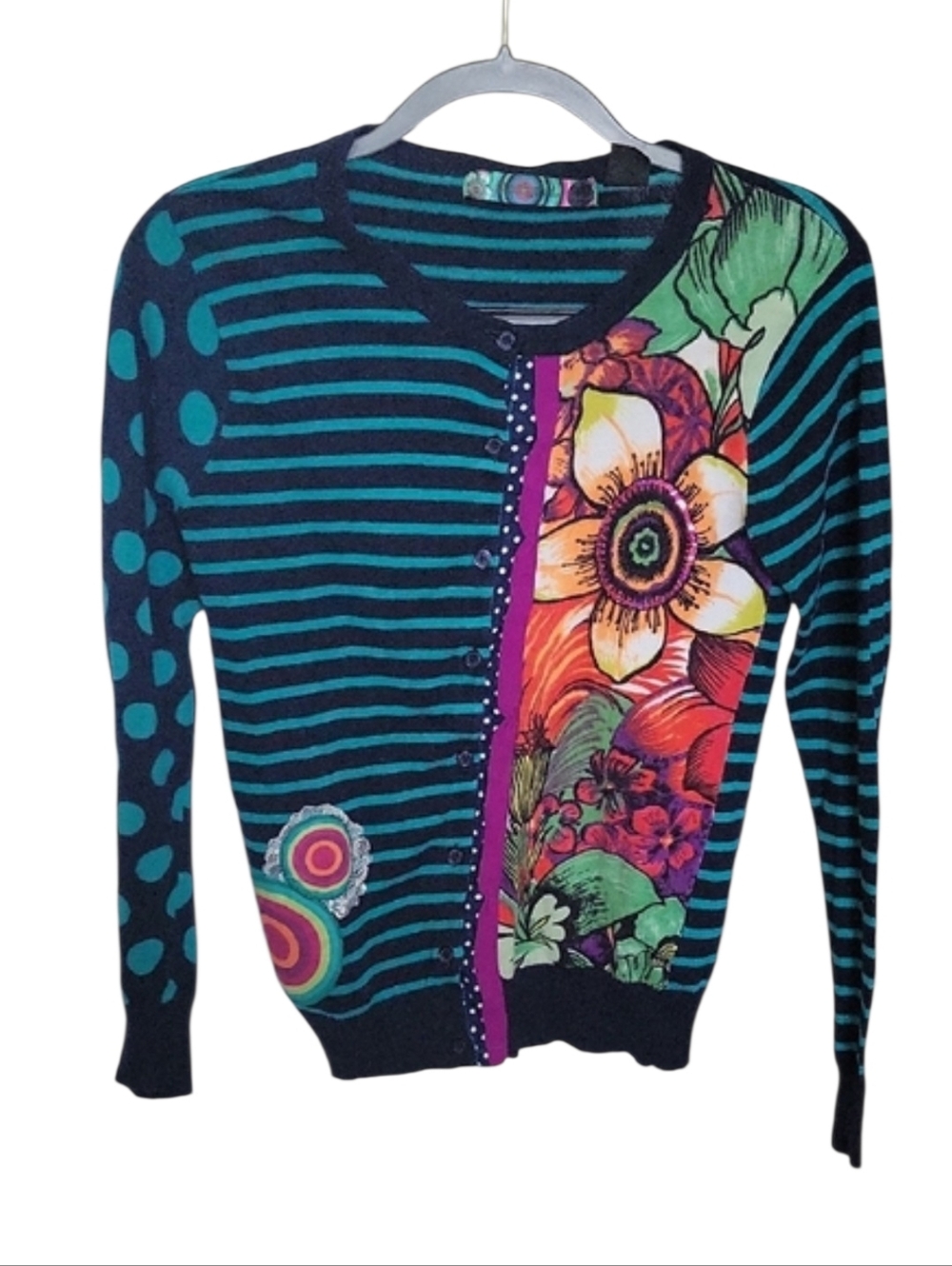 Desigual Black & Teal Striped Floral Girls Sweater Size 13-14